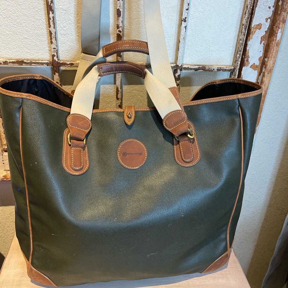 MULHOLLAND Large Tote Bag Green Vinyl Canvas Leather Travel Office